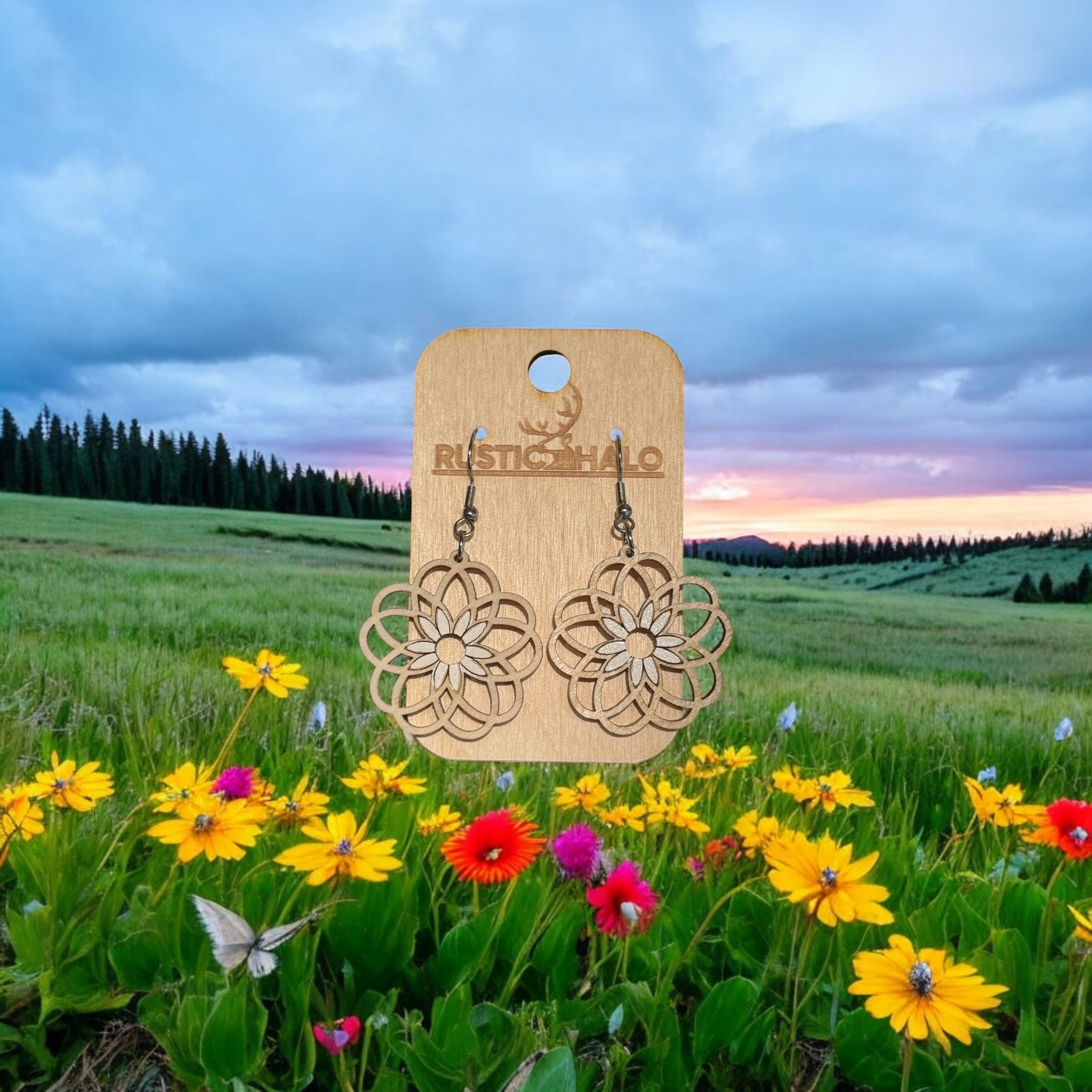 Daisy Floral Geometric Dangle Earrings