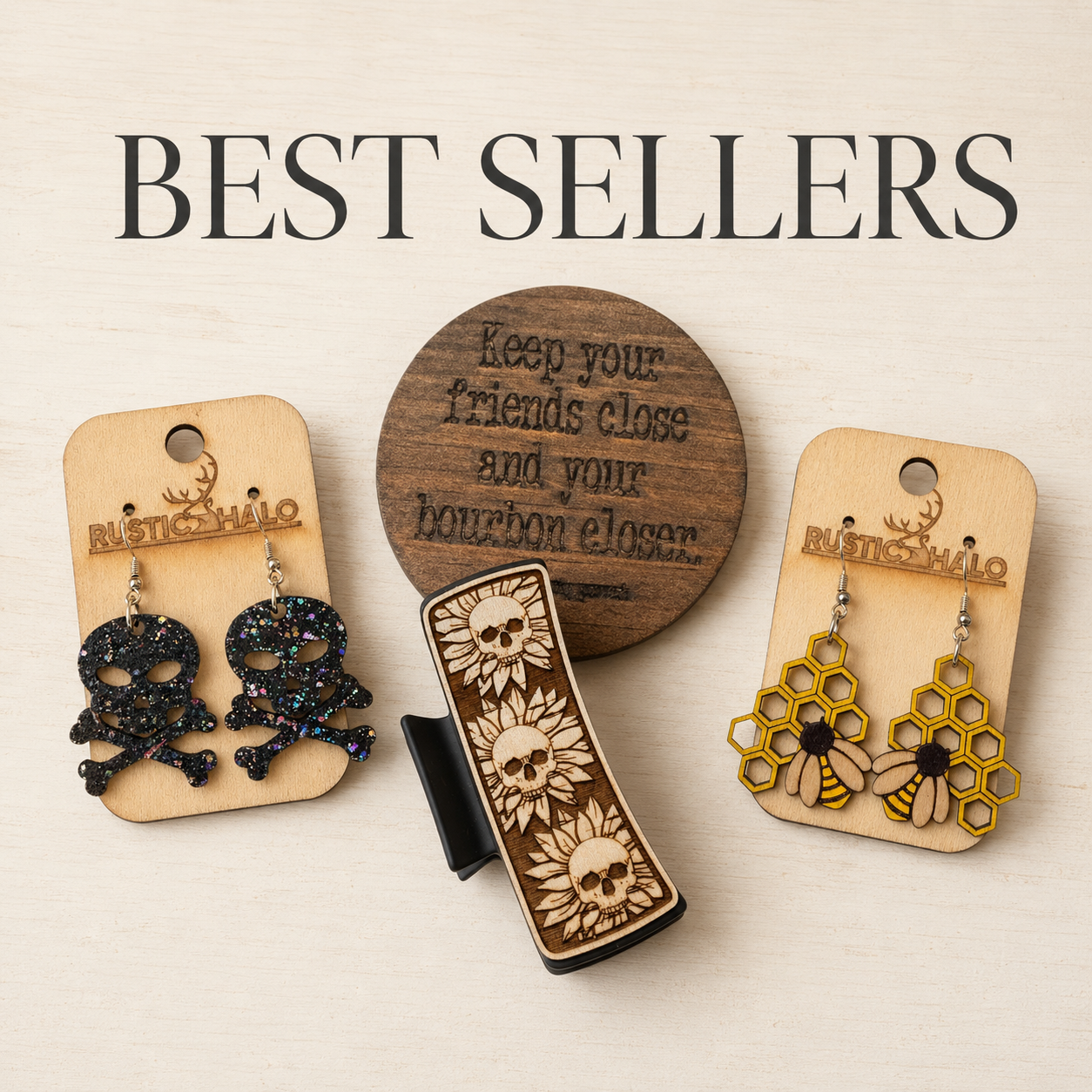 Rustic Halo best sellers featuring handmade wooden earrings, an engraved hair claw, and a bourbon coaster