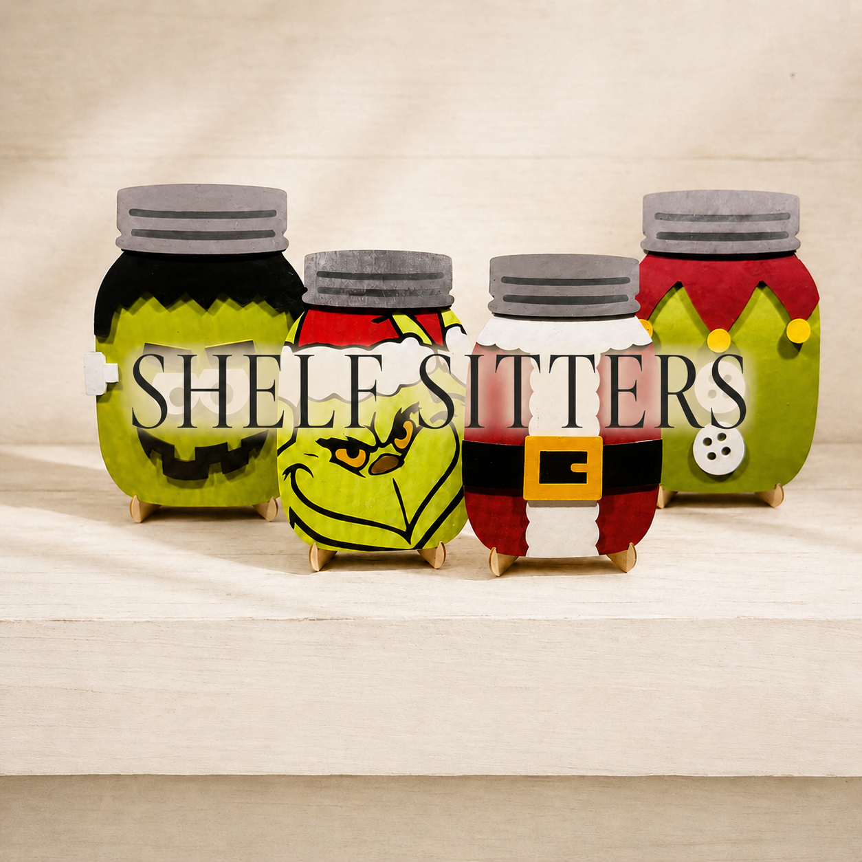 Hand-painted seasonal mason jar shelf sitters by Rustic Halo