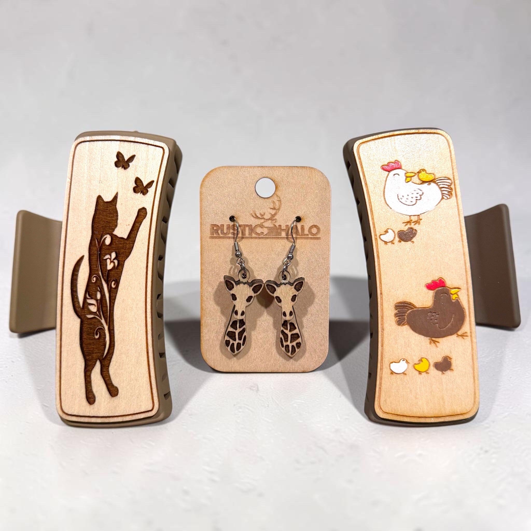 Rustic Halo animal-themed wooden hair claws and handmade giraffe earrings