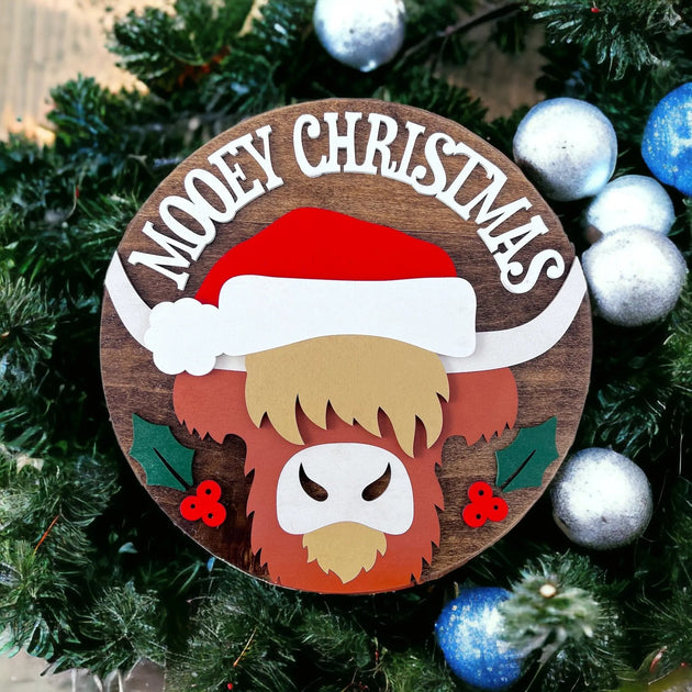 Mooey Christmas Highland Cow Round Door Hanger - Rustic Halo