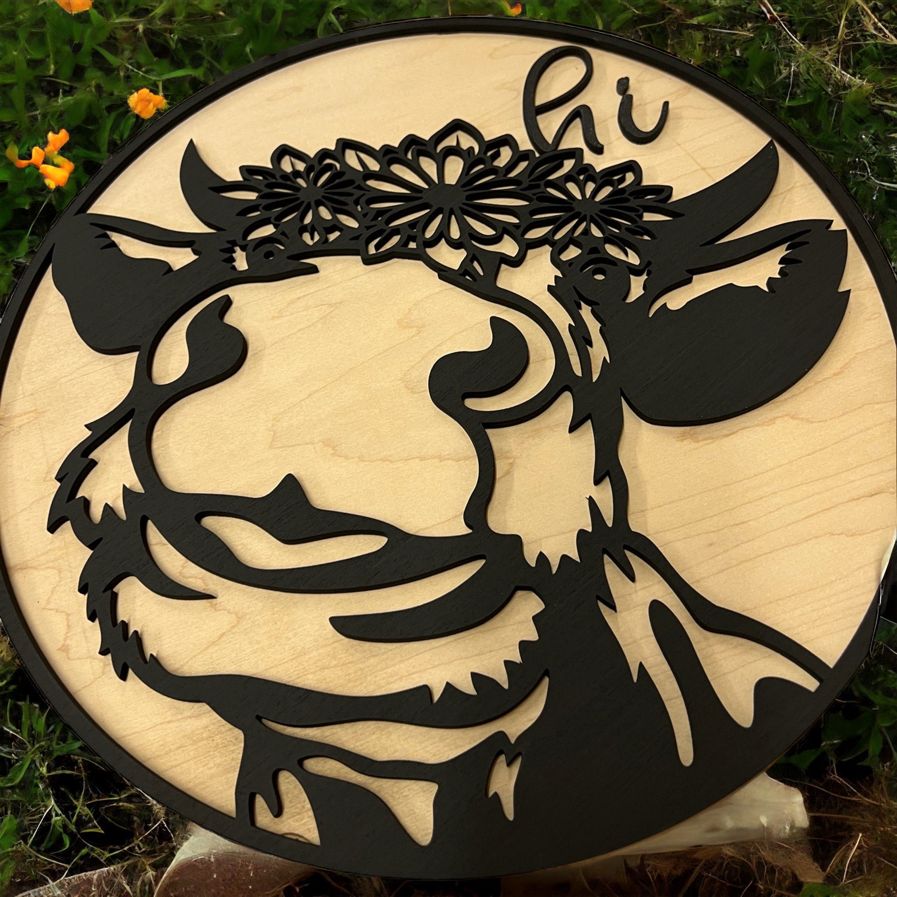 Highland Cow Hi Round Wood Sign 14in