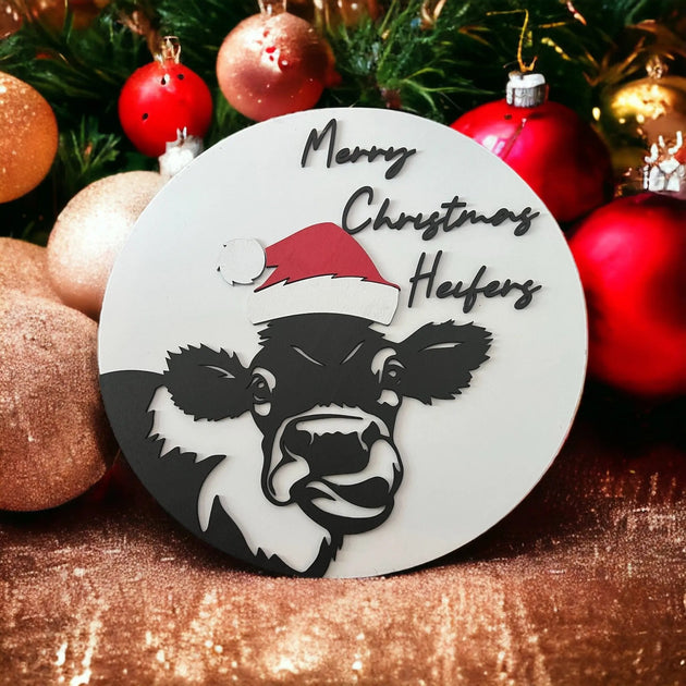 Merry Christmas Heifers Round Wood Door Hanger - Rustic Halo