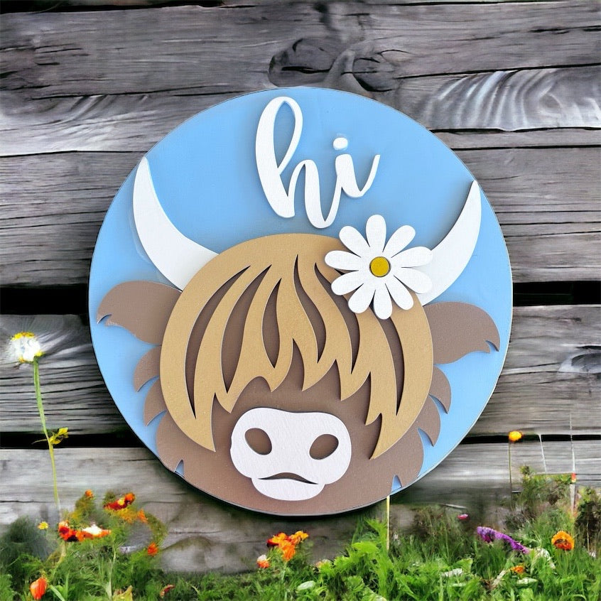 Daisy Highland Cow Round Wood Hi Sign 14in