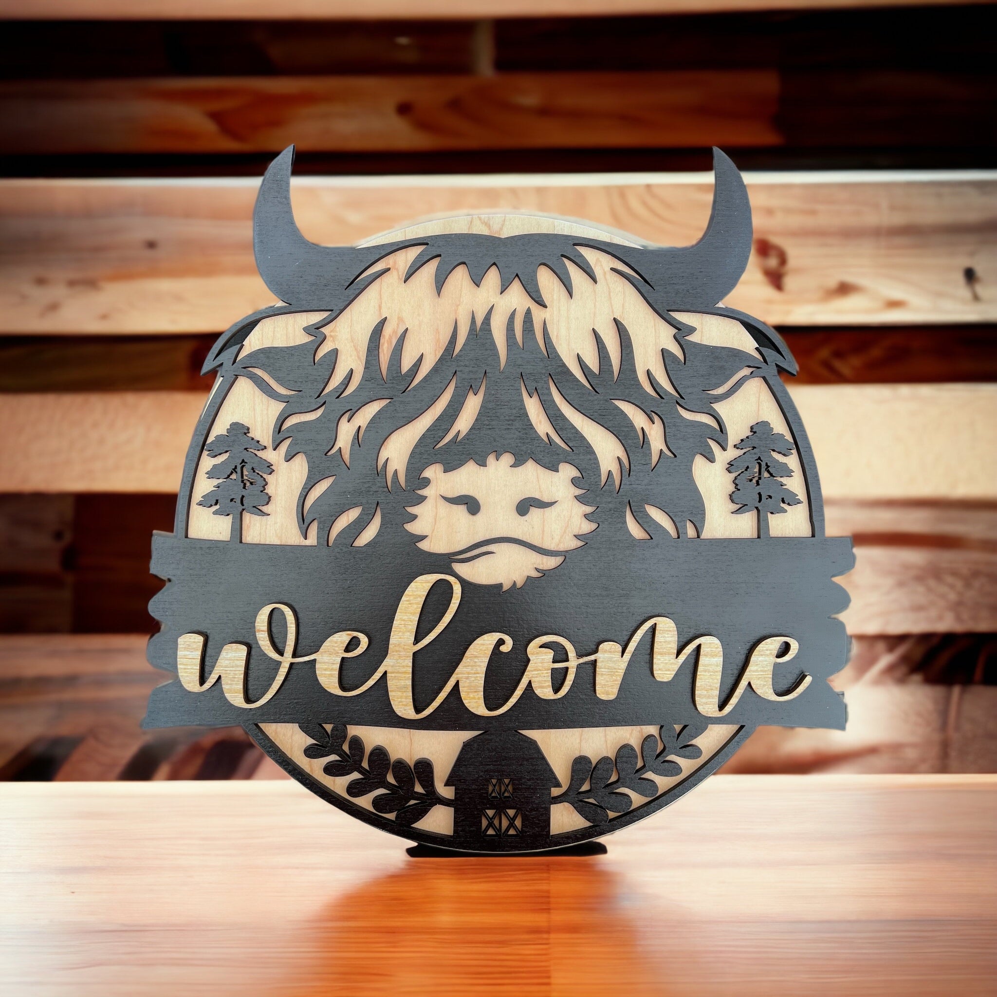 Highland Cow Farmhouse Round Wood Sign 14in