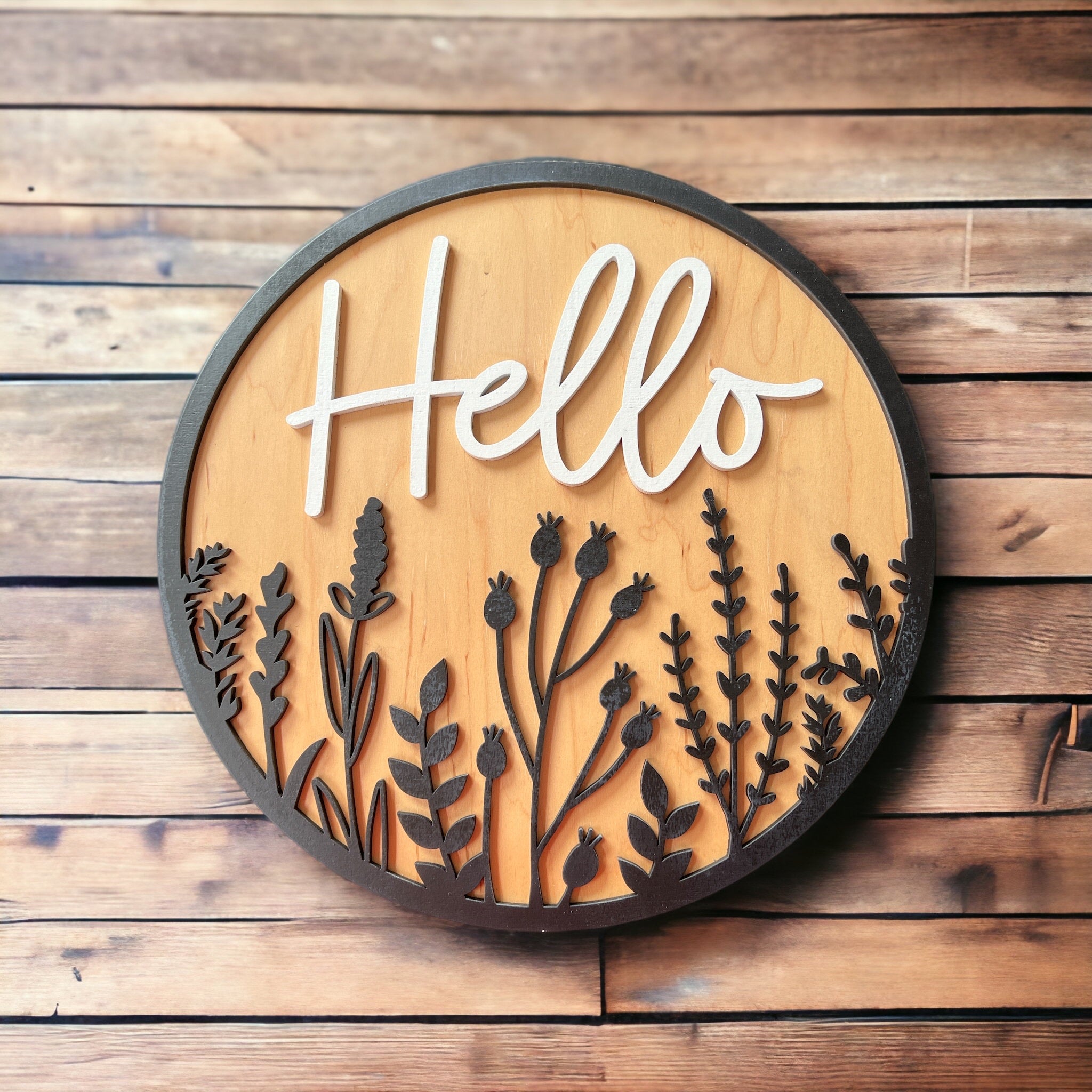 Hello Wildflower Round Wood Sign 14in