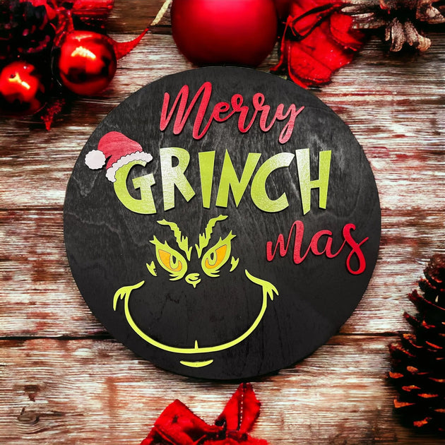 Merry Grinchmas Round Door Hanger - Rustic Halo