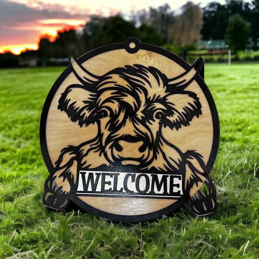 Baby Highland Cow Round Wood Welcome Sign 14 in