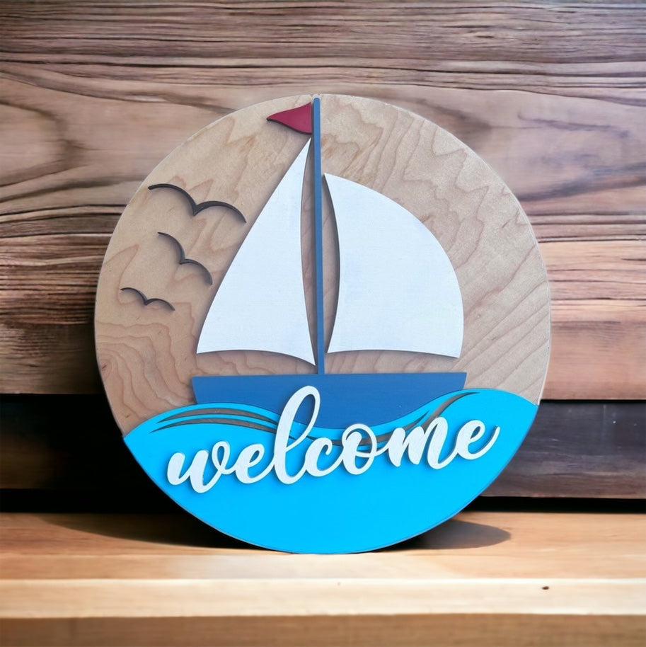 Sailboat Welcome Wood Door Sign 14in