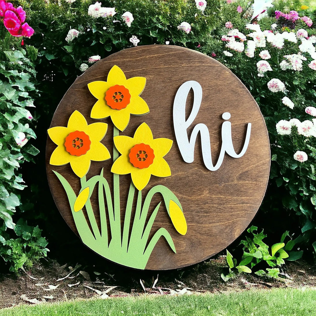 Hi Rob Sign Daffodil HI Round Sign - Rustic Halo