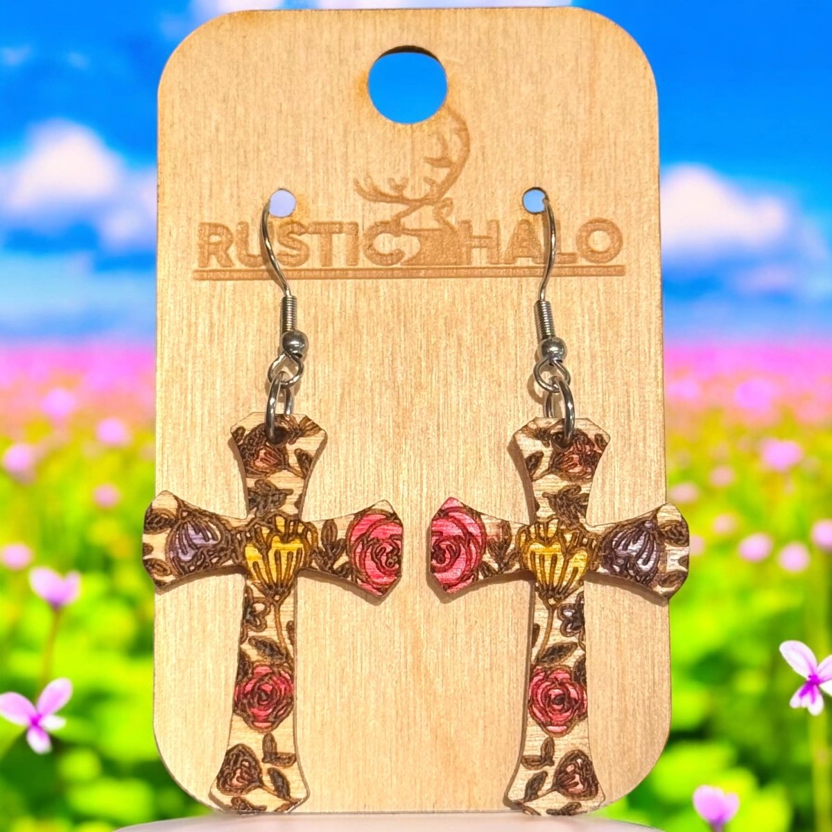 Floral Cross Dangle Earrings