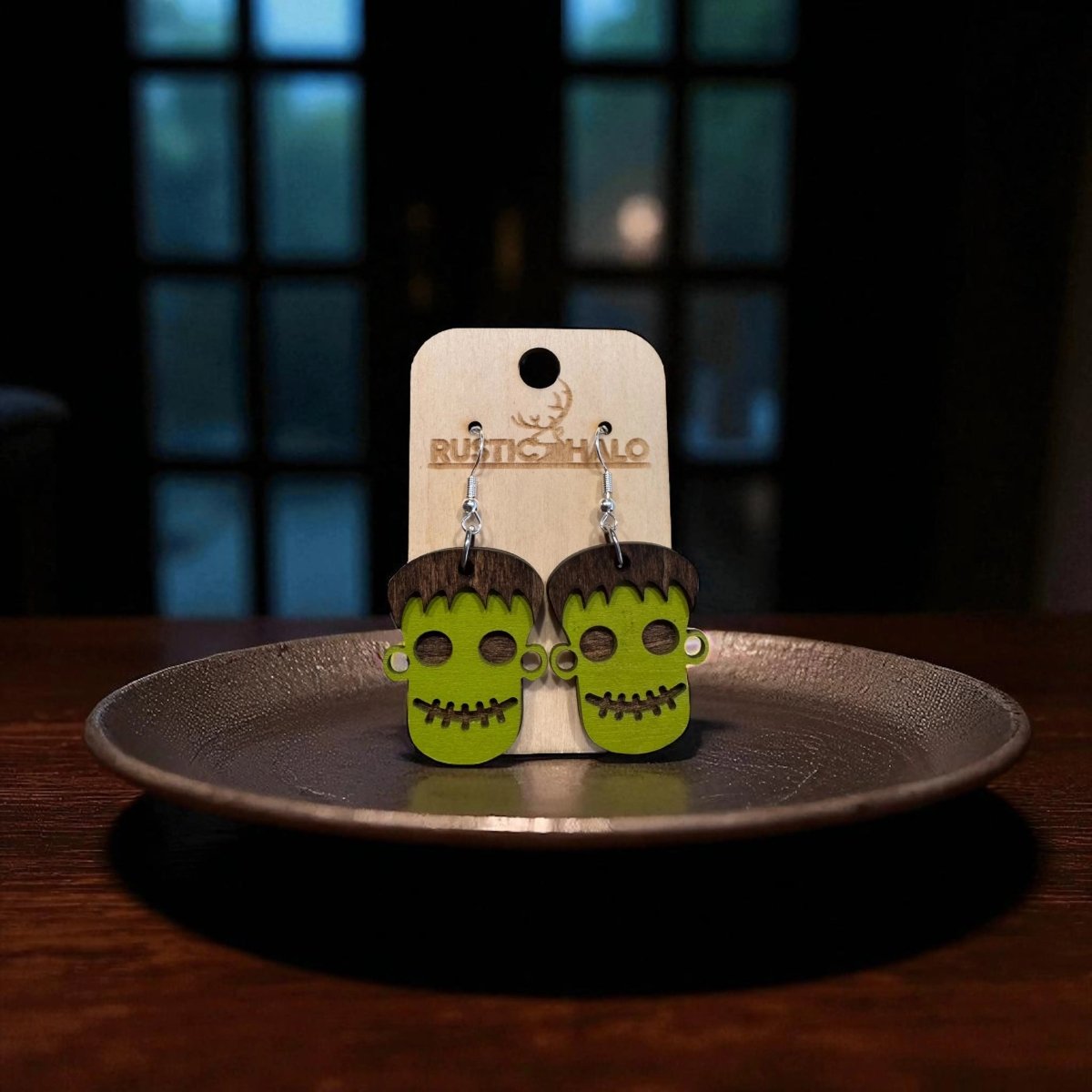 Frankenstein Head Dangle Earrings Rustic Halo