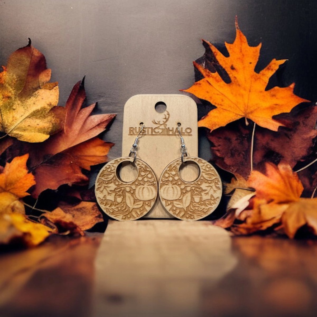 Pumpkin and Leaves Dangle Earrings Rustic Halo