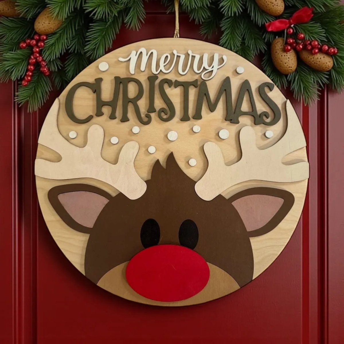Merry Chistmas Reindeer Door Hanger Rustic Halo