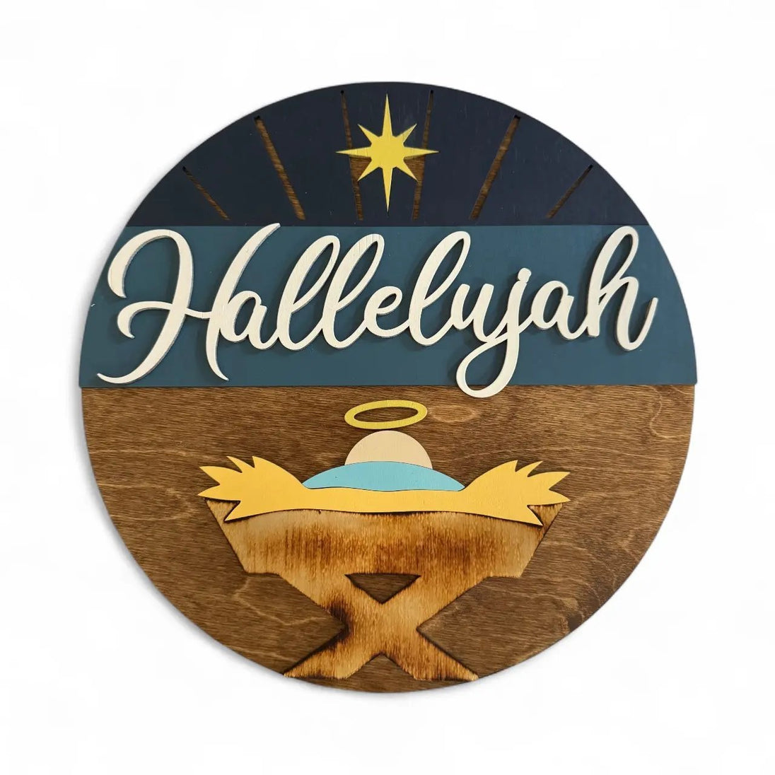 Hallelujah Baby Jesus Round Door Hanger Sign - Rustic Halo