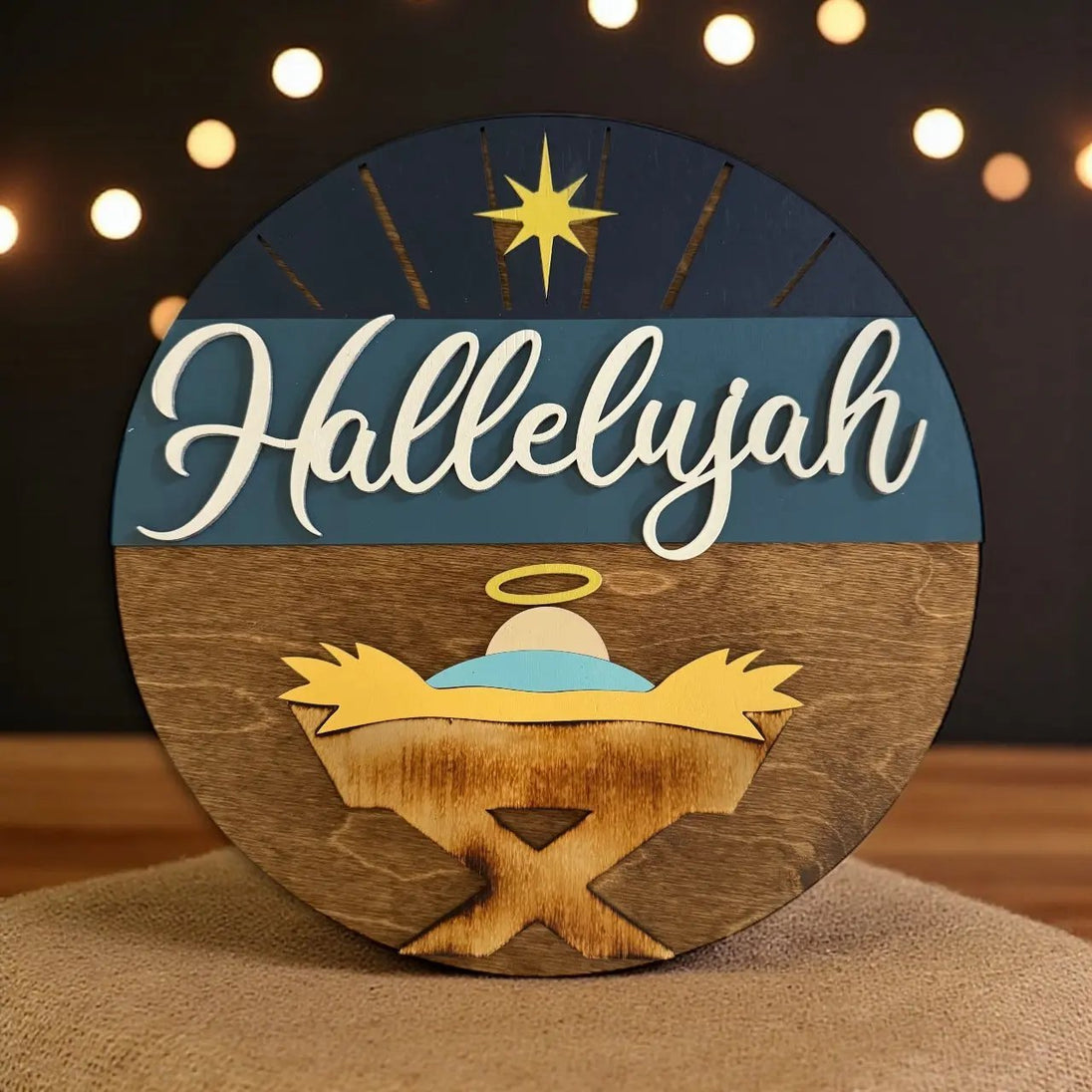 Hallelujah Baby Jesus Round Door Hanger Sign - Rustic Halo