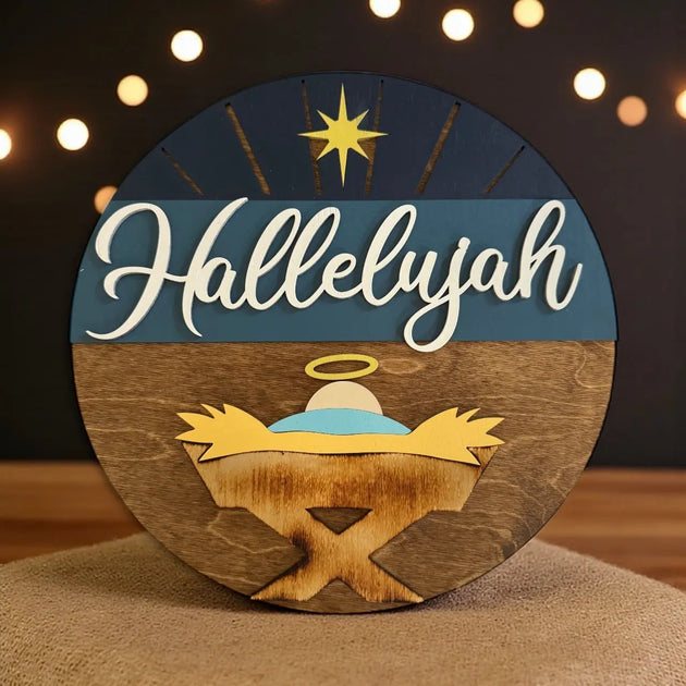 Hallelujah Baby Jesus Round Door Hanger Sign - Rustic Halo