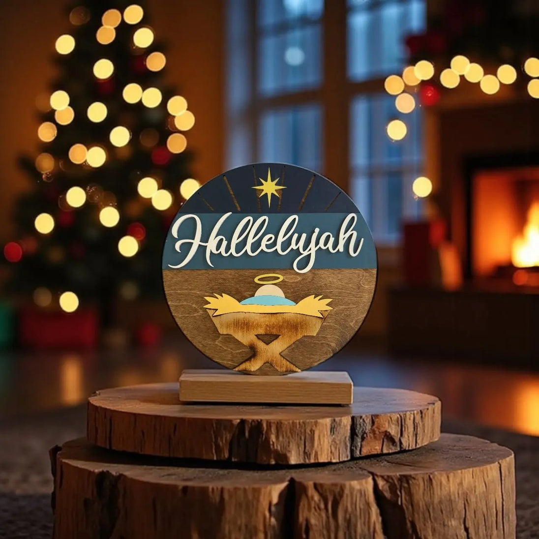 Hallelujah Baby Jesus Round Door Hanger Sign - Rustic Halo