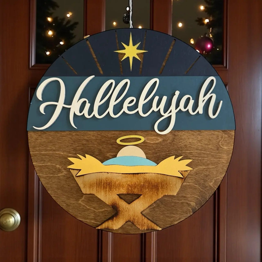 Hallelujah Baby Jesus Round Door Hanger Sign - Rustic Halo