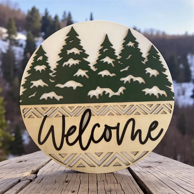 Snowy Pine Trees Door Hanger Rustic Halo