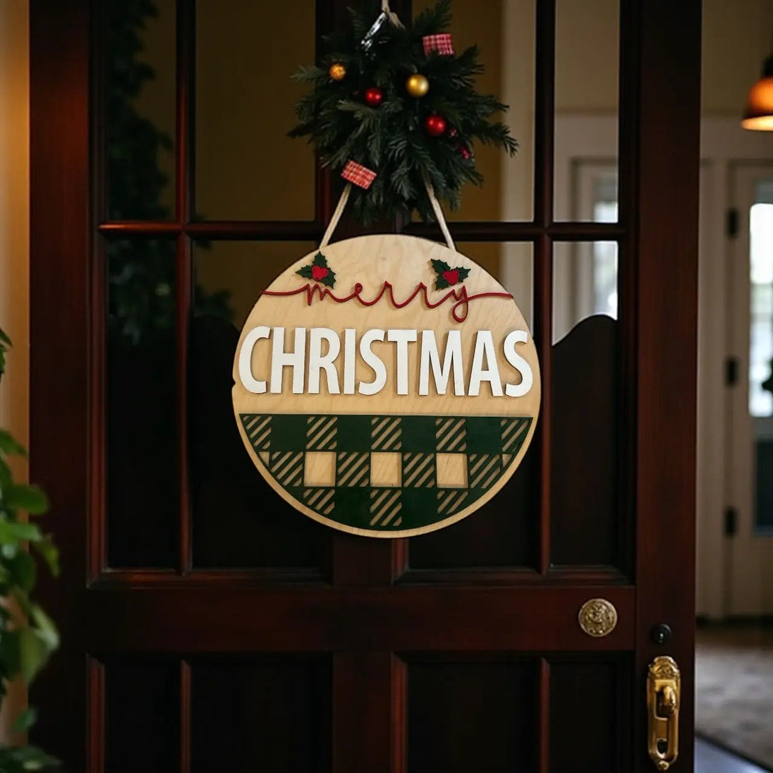 Merry Christmas Round Door Hanger Rustic Halo