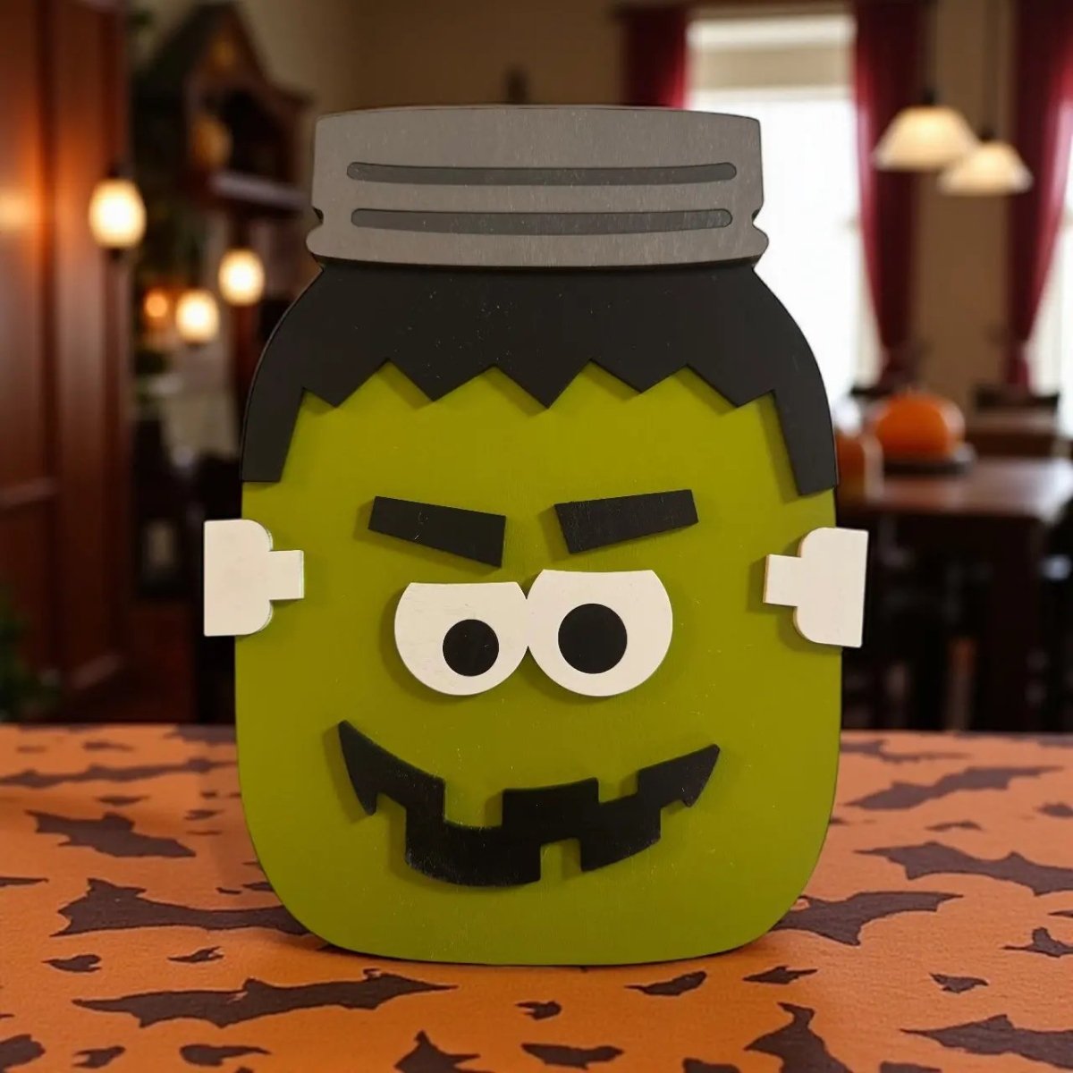 Frankenstein Mason Jar Sign Rustic Halo