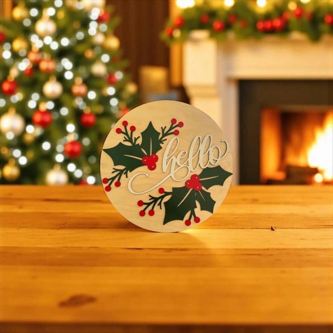 Hello Holly Leaves & Berries Door Hanger Rustic Halo