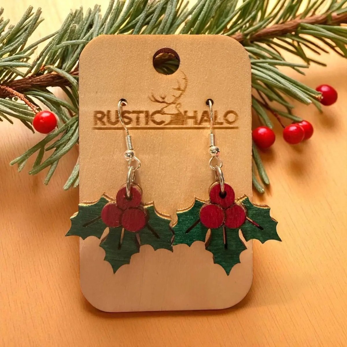 Holly Berry Dangle Earrings Rustic Halo