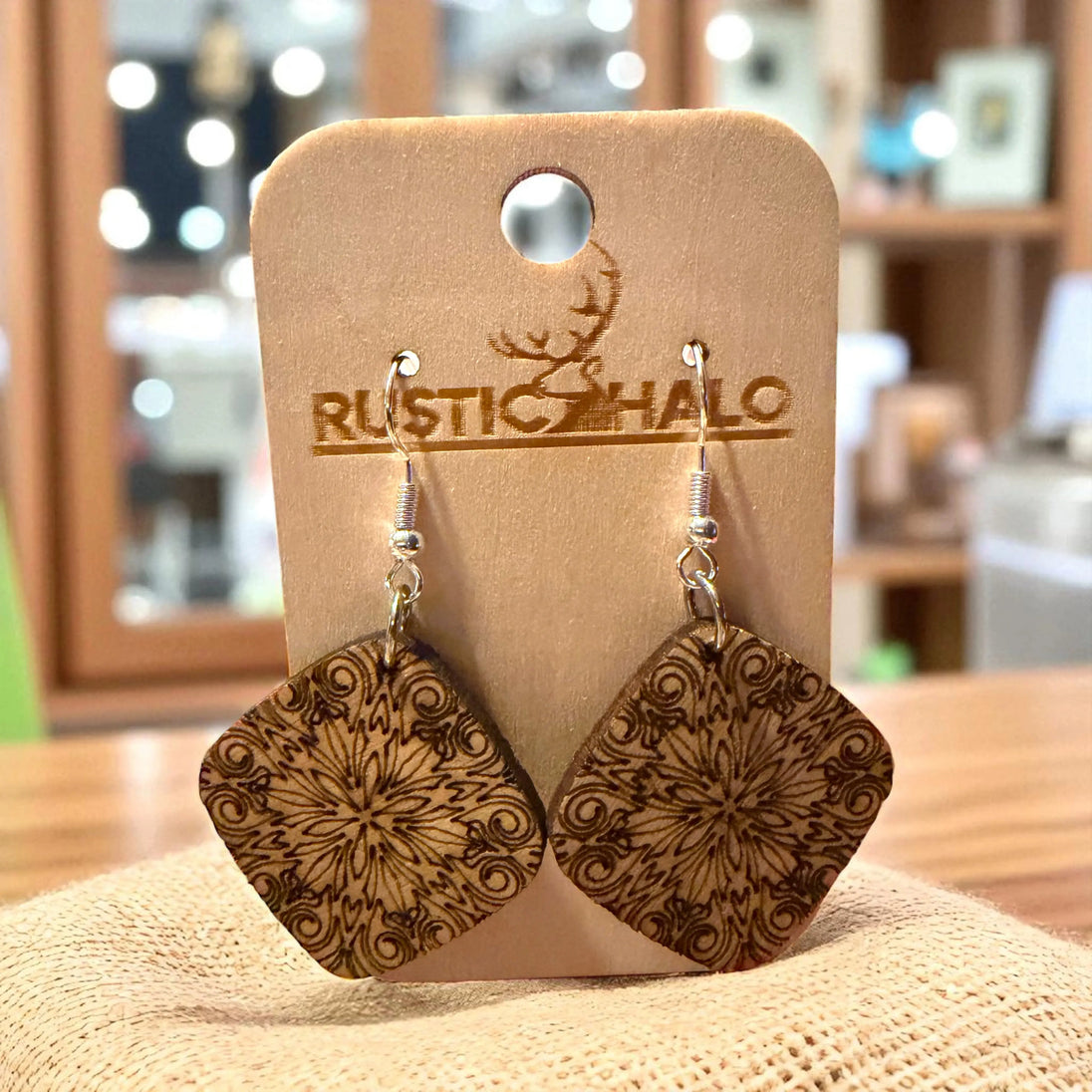 Stained Glass Rounded Diamond Shaped Earring Rustic Halo