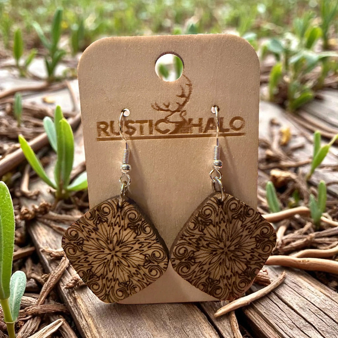 Stained Glass Rounded Diamond Shaped Earring Rustic Halo