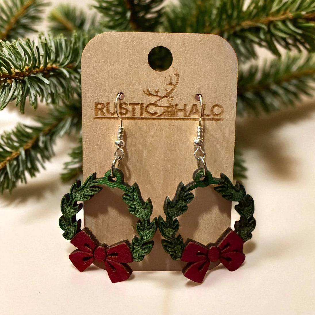 Christmas Wreath Dangle Earrings Rustic Halo