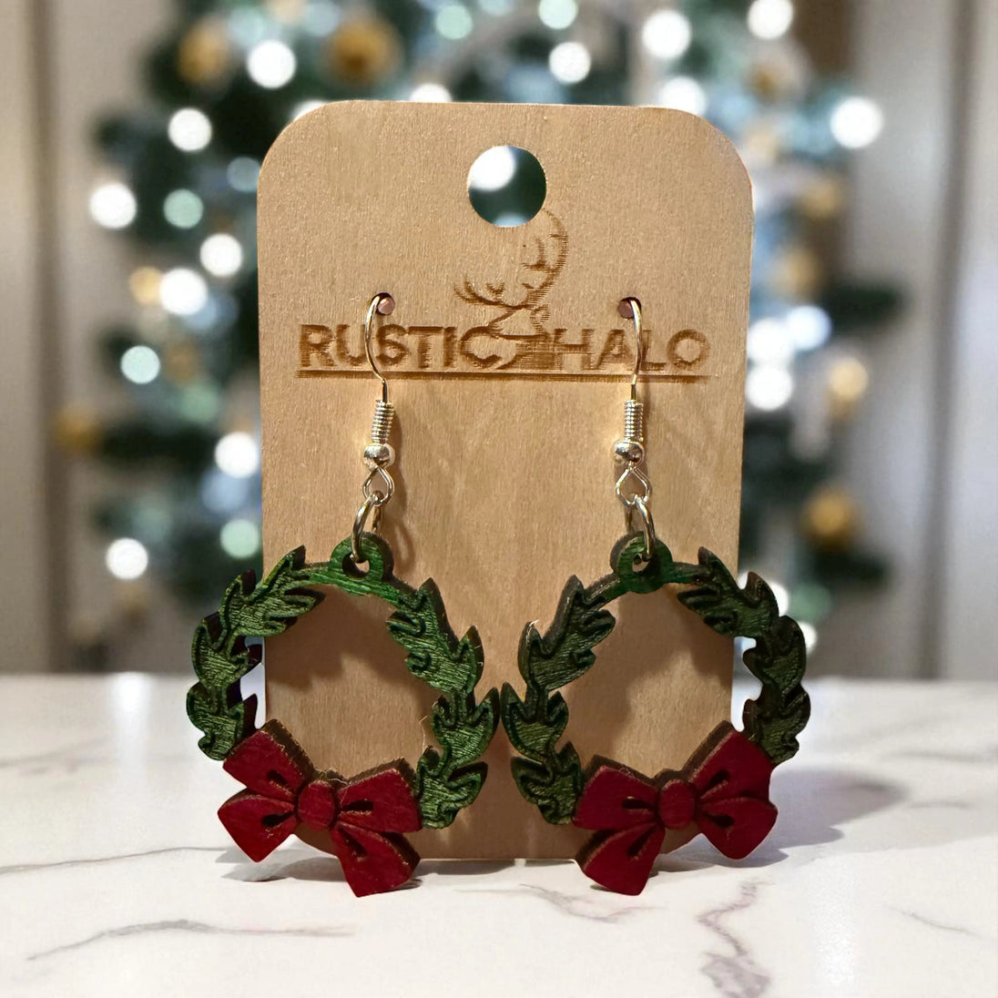 Christmas Wreath Dangle Earrings Rustic Halo