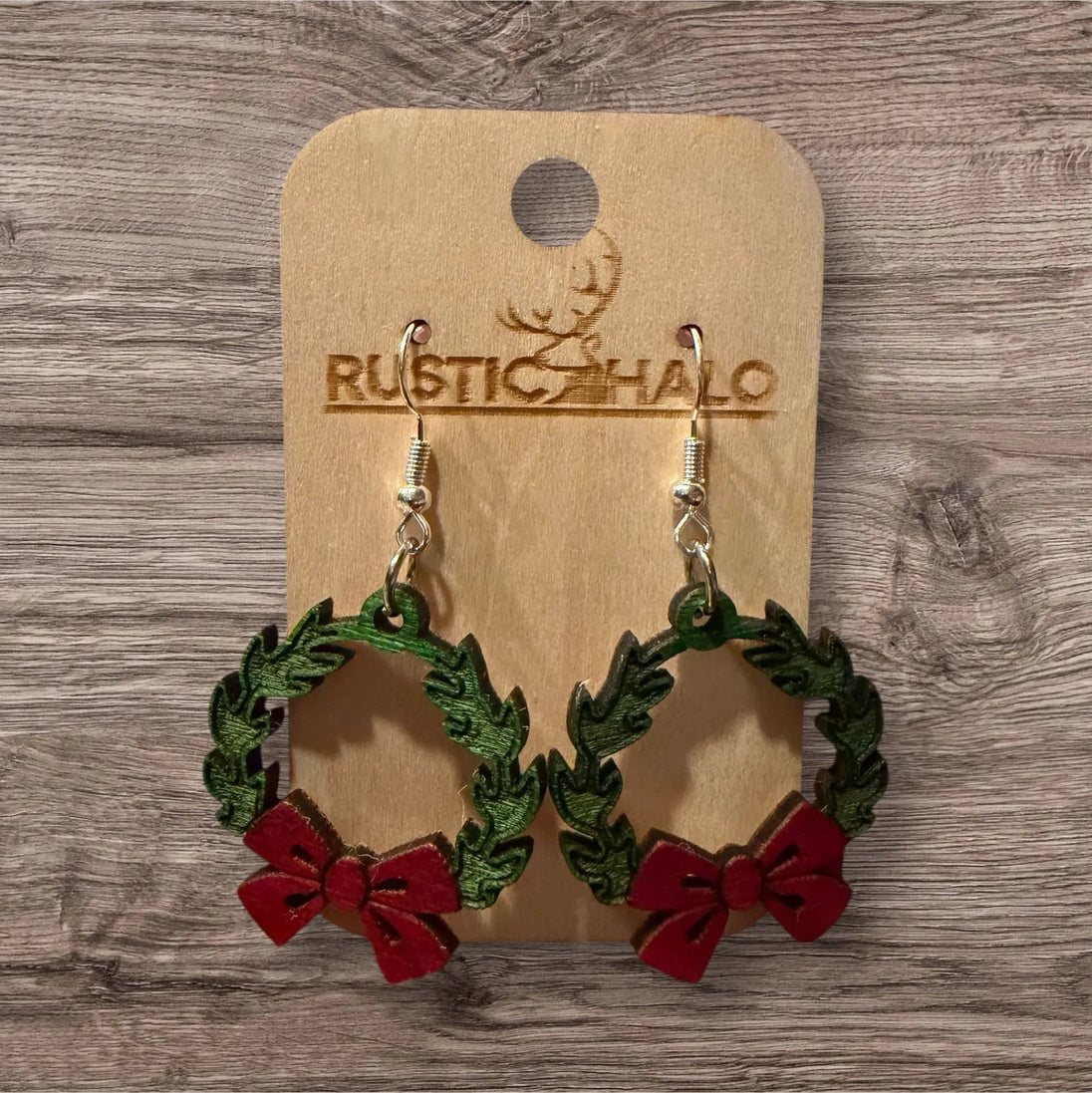 Christmas Wreath Dangle Earrings Rustic Halo