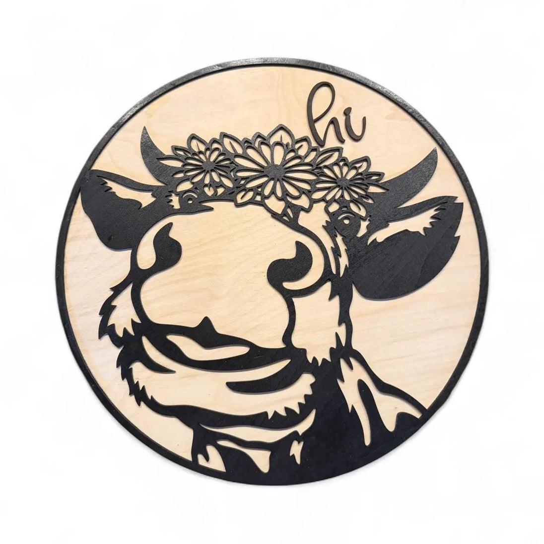 Cow with Flowers Round Wood Sign 14in - Rustic Halo