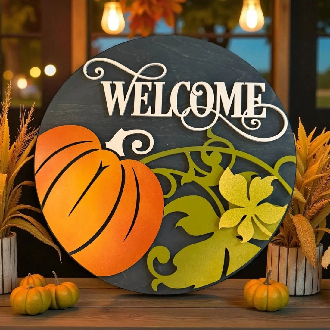 Welcome Pumpkin Door Hanger Rustic Halo