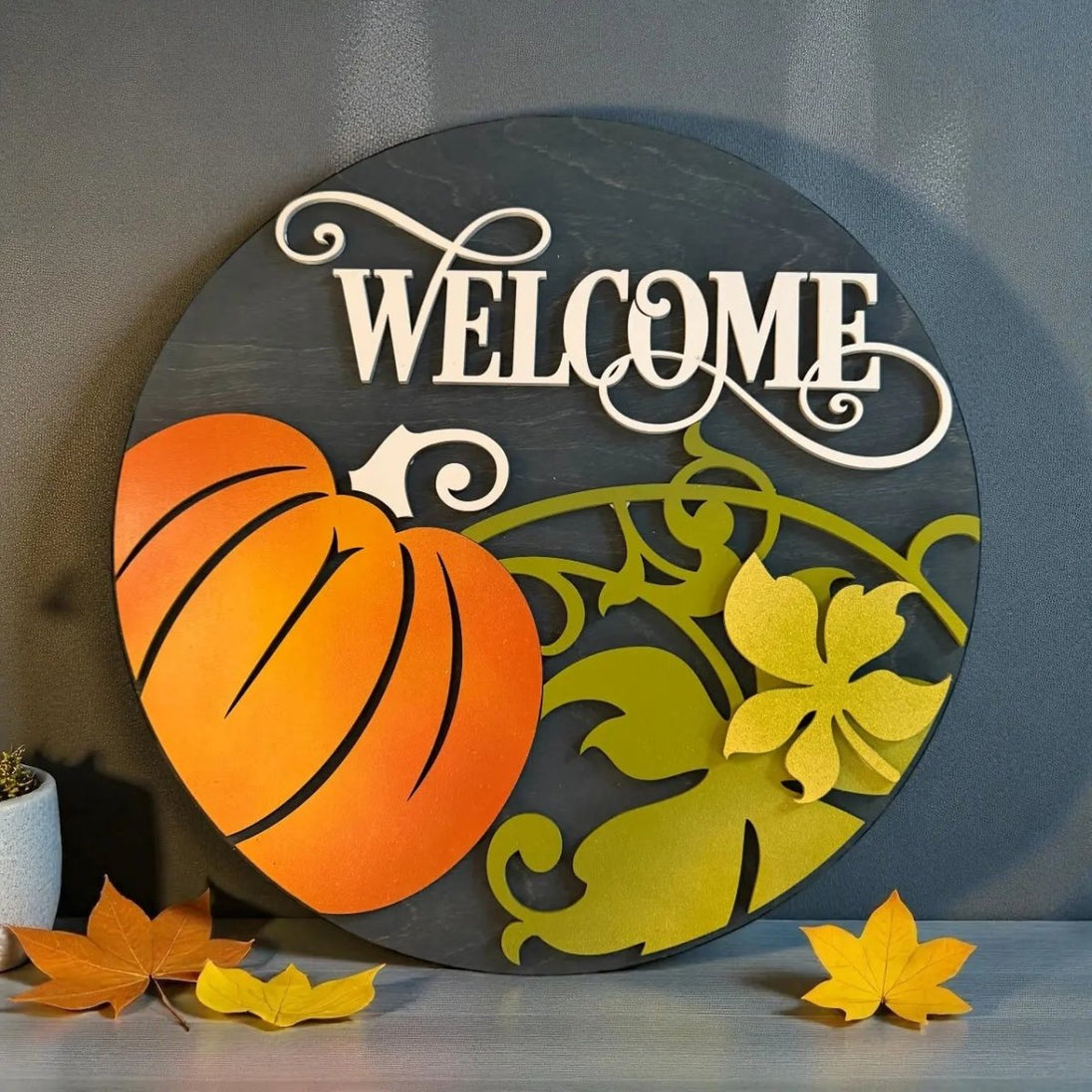 Welcome Pumpkin Door Hanger Rustic Halo