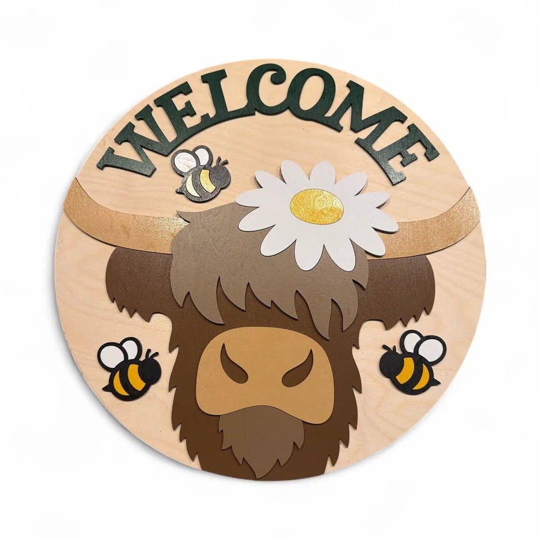 Highland Cow Bee Welcome Sign Rustic Halo