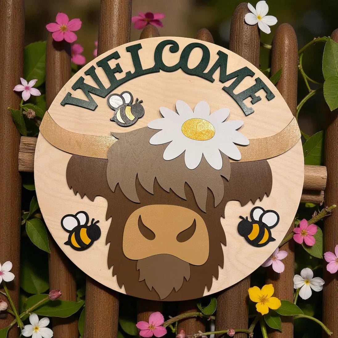 Highland Cow Bee Welcome Sign Rustic Halo
