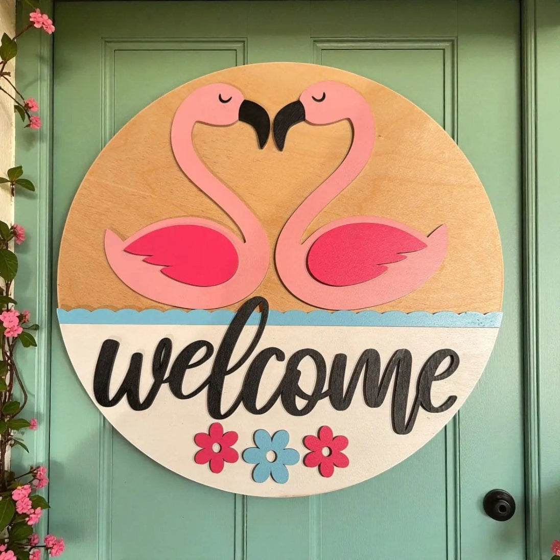 Flamingo Love Welcome Rustic Halo