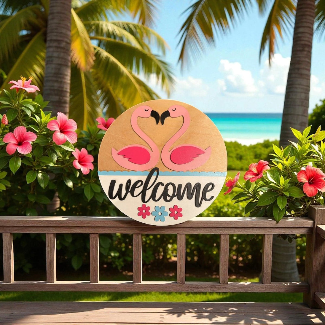 Flamingo Love Welcome Rustic Halo