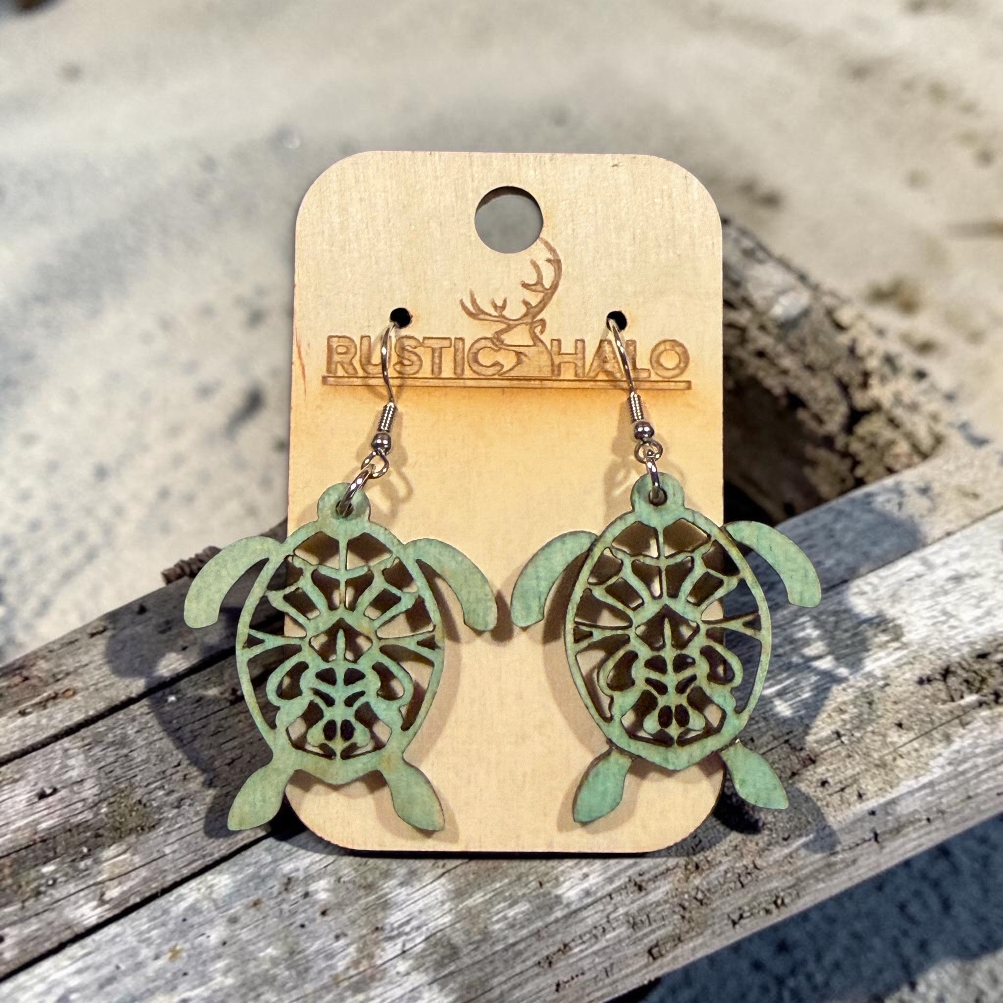 Sea Glass Sea Turtle Wooden Dangle Earrings