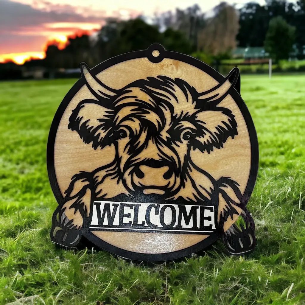 Baby Highland Cow Round Wood Welcome Sign 14 in - Rustic Halo