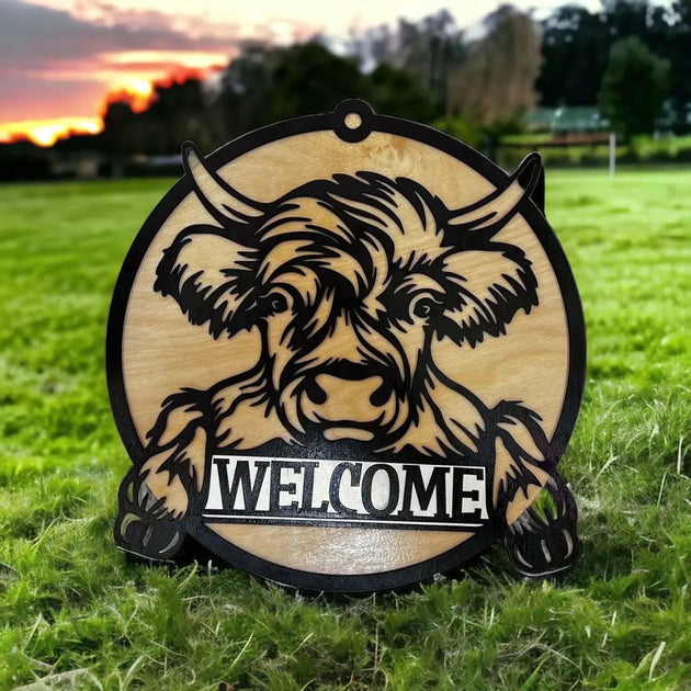 Baby Highland Cow Round Wood Welcome Sign 14 in - Rustic Halo