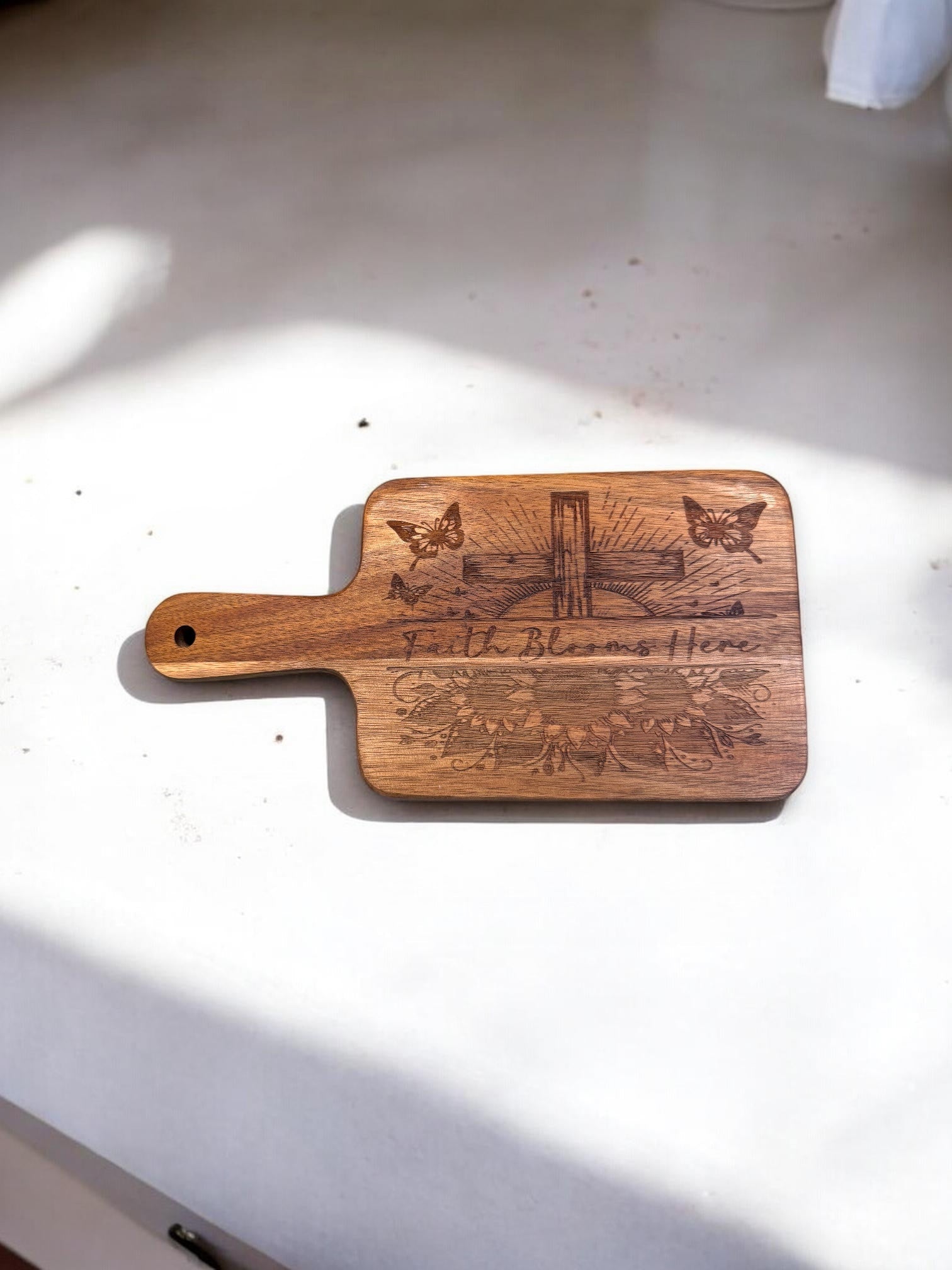 Faith Blooms Here Cutting Board - Rustic Halo