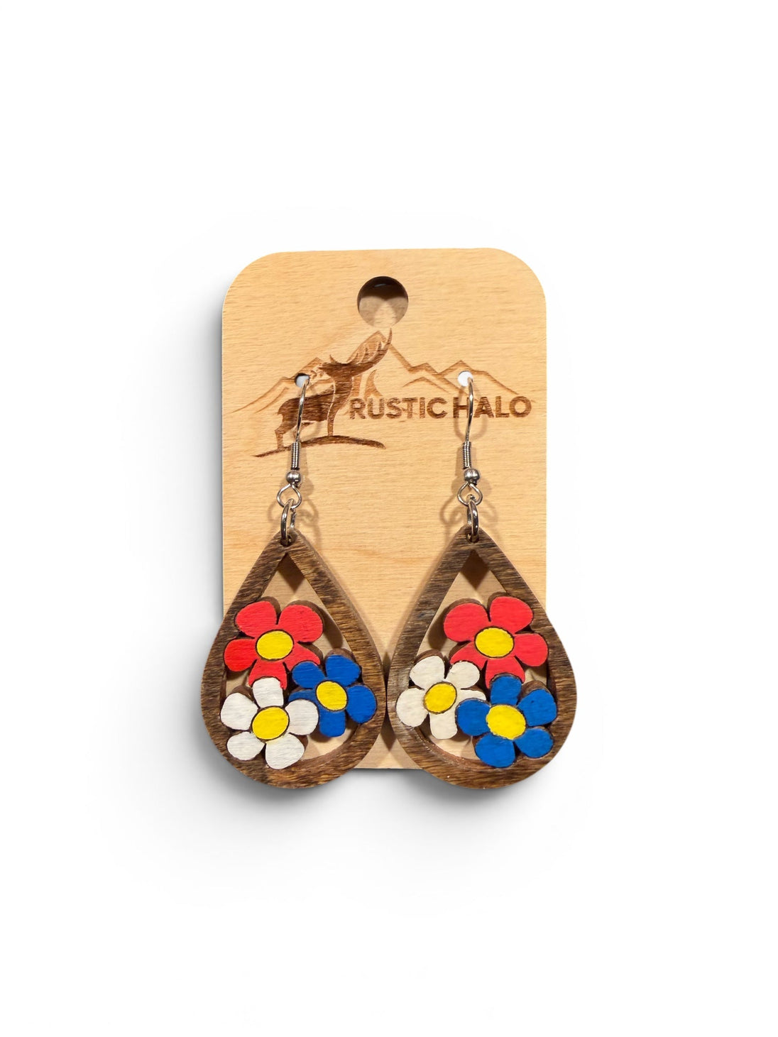 Flower Teardrop Earrings Red, White, and Blue - Rustic Halo