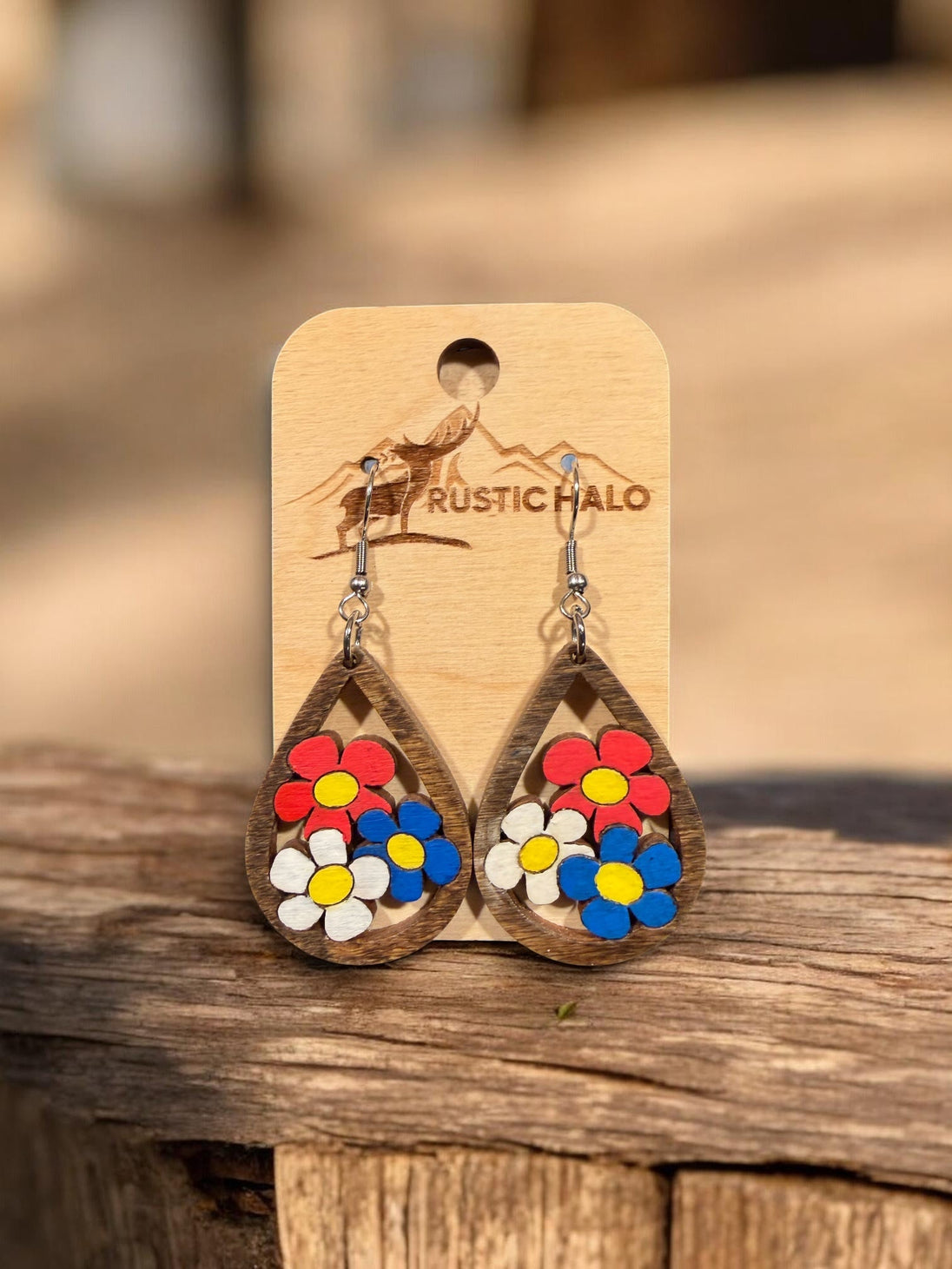 Flower Teardrop Earrings Red, White, and Blue - Rustic Halo