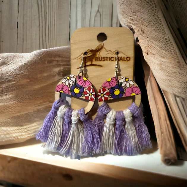 Flowered Hoops with Macrame Tassels - Rustic Halo