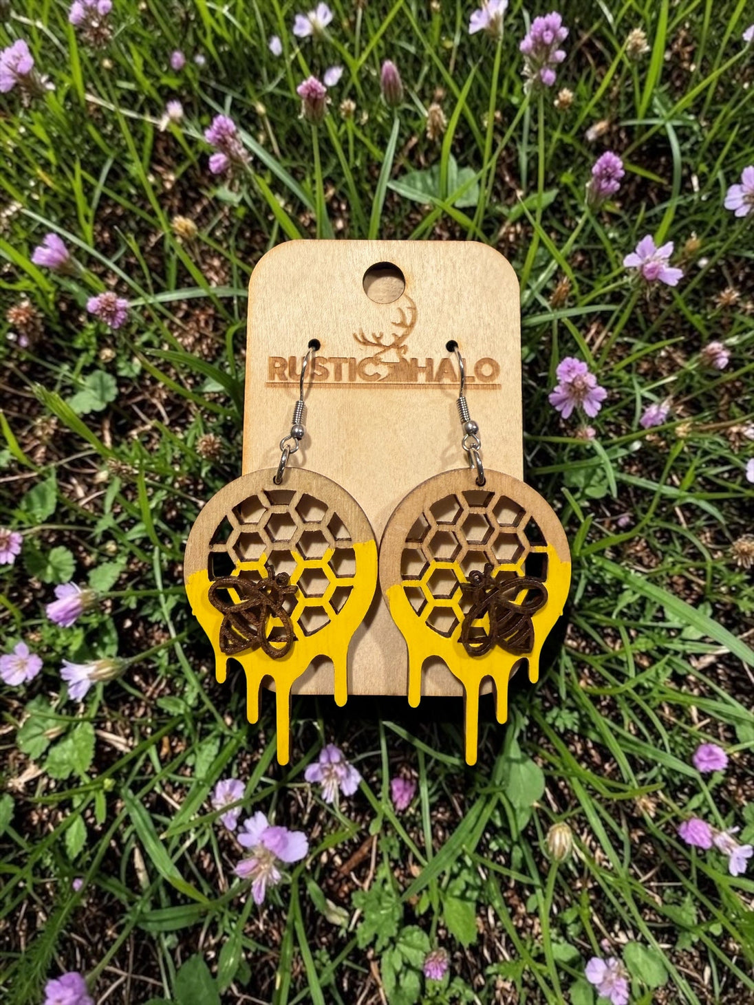 Honey Bee and Comb Dangle Earrings - Rustic Halo