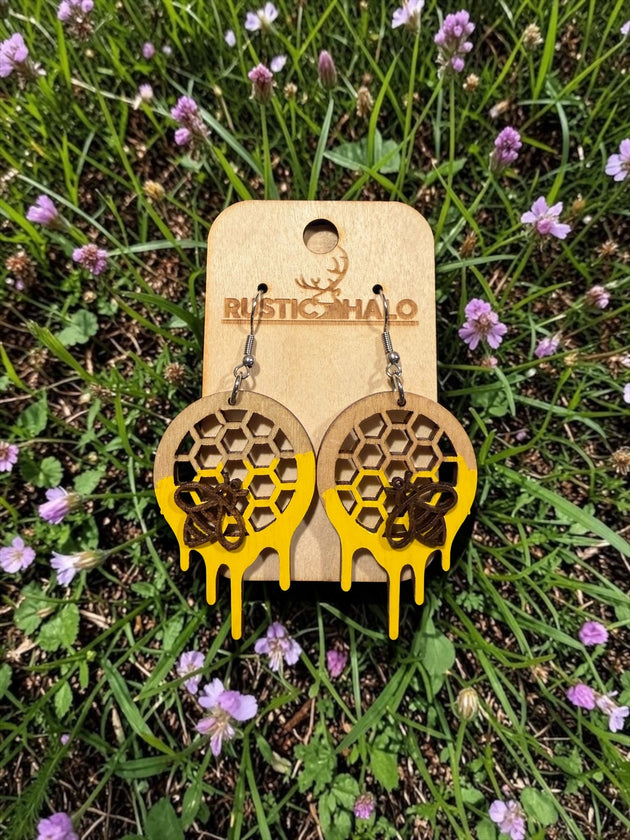 Honey Bee and Comb Dangle Earrings - Rustic Halo