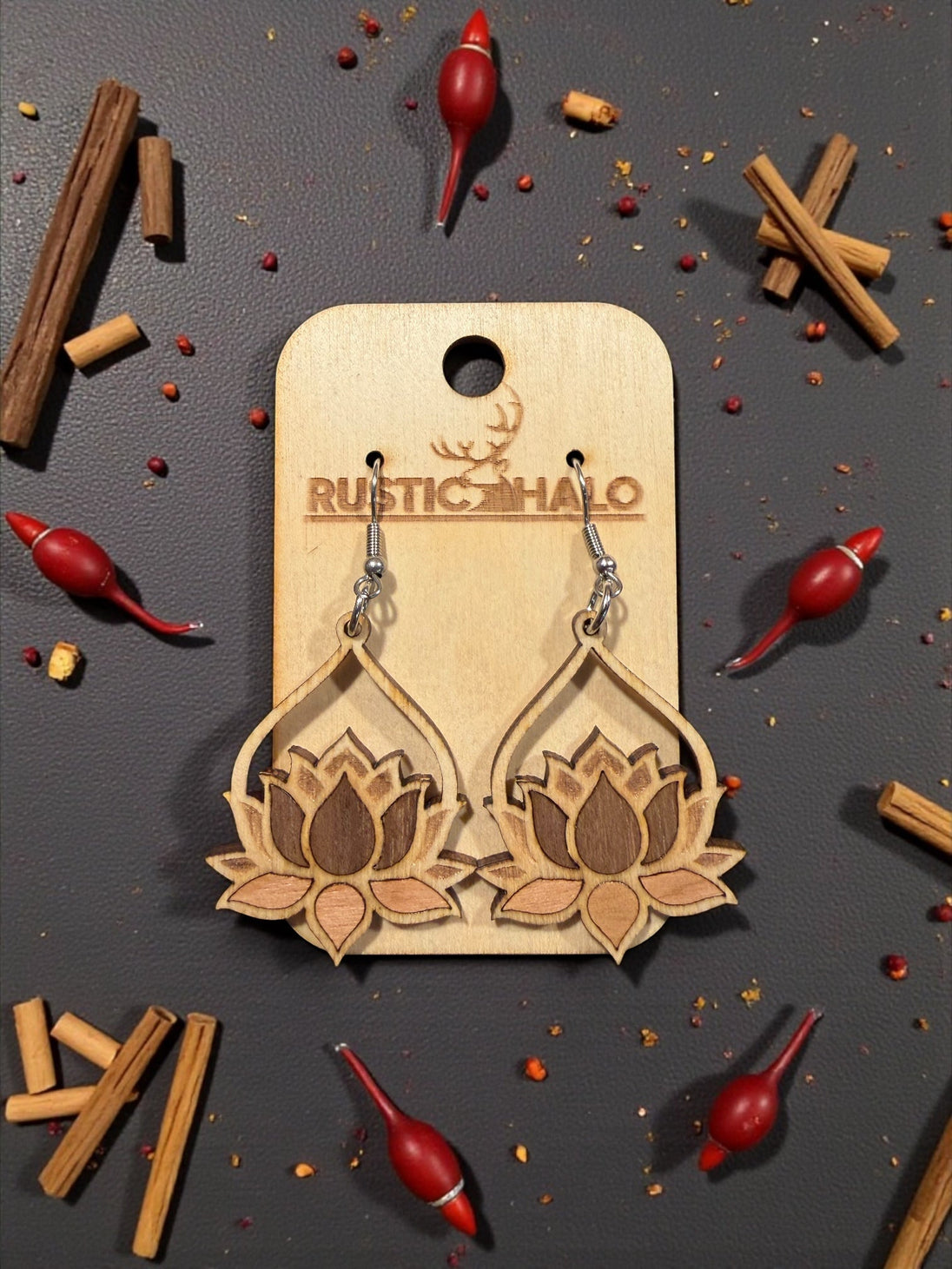 Inlaid Lotus Dangle Earrings - Rustic Halo